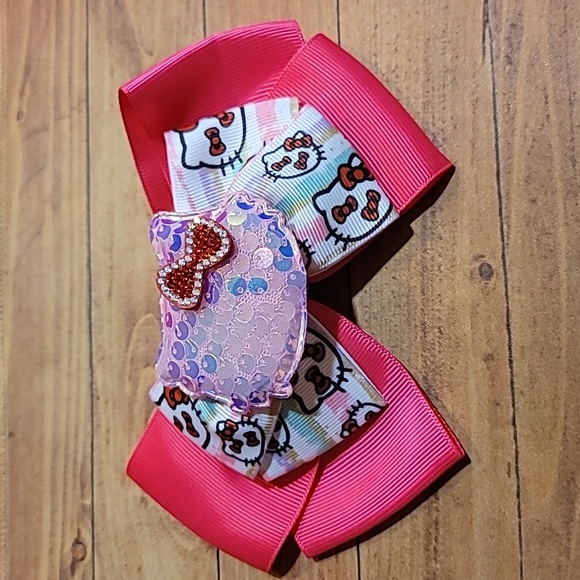 Handmade Kitty Cat Sequins Ribbon and Rhinestone Pink Bow Hair Clip - Picture 7 of 7
